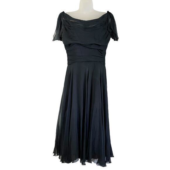 Vintage Frank Starr Original Silk Chiffon Draped Navy Blue Midi Party Dress - Picture 1 of 11